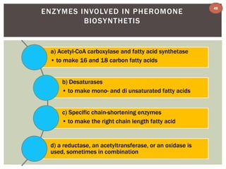 ENZYMES INVOLVED IN PHEROMONE 
BIOSYNTHETIS 
a) Acetyl-CoA carboxylase and fatty acid synthetase 
• to make 16 and 18 carbon fatty acids 
b) Desaturases 
• to make mono- and di unsaturated fatty acids 
c) Specific chain-shortening enzymes 
• to make the right chain length fatty acid 
d) a reductase, an acetyltransferase, or an oxidase is 
used, sometimes in combination 
46 
 