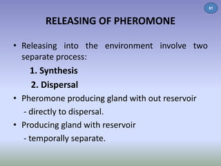 RELEASING OF PHEROMONE 
• Releasing into the environment involve two 
separate process: 
1. Synthesis 
2. Dispersal 
• Pheromone producing gland with out reservoir 
- directly to dispersal. 
• Producing gland with reservoir 
- temporally separate. 
61 
 