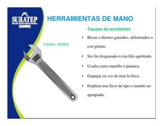 • Bocas o dientes gastados, deformados o
con grietas.
• Sin fin desgastado o con hilo quebrado.
• Usarla como martillo o palanca.
• Empujar en vez de tirar la llave.
• Emplear una llave de tipo o tamaño no
apropiado.
Llaves, dados
Causas de accidentes
HERRAMIENTAS DE MANO
 
