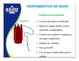 • Uso por personal no calificado.
• Operar el equipo donde existan
materiales combustibles.
• Usarlos con sopletes o mangueras
en malas condiciones.
• Golpear los cilindros.
• No usar E.P.P.
• Uso de gases inadecuados para el
soplete.
Causas de accidentes
HERRAMIENTAS DE MANO
Sopletes
 