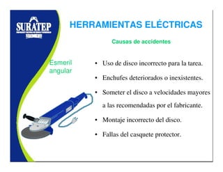 • Uso de disco incorrecto para la tarea.
• Enchufes deteriorados o inexistentes.
• Someter el disco a velocidades mayores
a las recomendadas por el fabricante.
• Montaje incorrecto del disco.
• Fallas del casquete protector.
Esmeril
angular
Causas de accidentes
HERRAMIENTAS ELÉCTRICAS
 