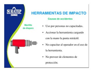 • Uso por personas no capacitadas.
• Accionar la herramienta cargando
con la mano la punta retráctil.
• No capacitar al operador en el uso de
la herramienta.
• No proveer de elementos de
protección.
Martillo
de disparo
Causas de accidentes
HERRAMIENTAS DE IMPACTO
 