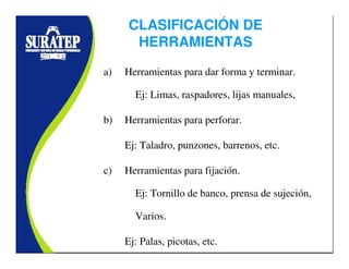 a) Herramientas para dar forma y terminar.
Ej: Limas, raspadores, lijas manuales,
b) Herramientas para perforar.
Ej: Taladro, punzones, barrenos, etc.
c) Herramientas para fijación.
Ej: Tornillo de banco, prensa de sujeción,
Varios.
Ej: Palas, picotas, etc.
CLASIFICACIÓN DE
HERRAMIENTAS
 