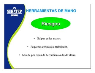 • Golpes en las manos.
• Pequeñas cortadas al trabajador.
• Muerte por caída de herramientas desde altura.
RiesgosRiesgosRiesgos
HERRAMIENTAS DE MANO
 