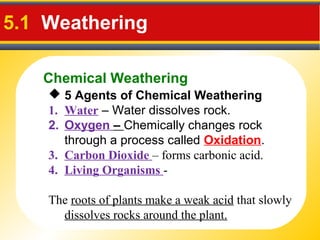 Chemical Weathering
5.1 Weathering
 5 Agents of Chemical Weathering
1. Water – Water dissolves rock.
2. Oxygen – Chemically changes rock
through a process called Oxidation.
3. Carbon Dioxide – forms carbonic acid.
4. Living Organisms -
The roots of plants make a weak acid that slowly
dissolves rocks around the plant.
 
