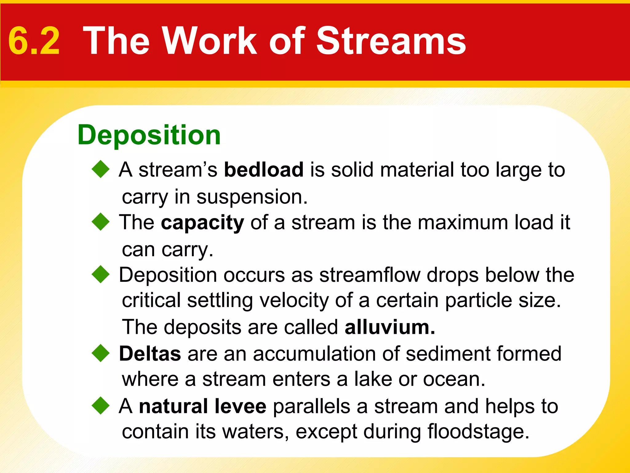    Deposition occurs as streamflow drops below the critical settling velocity of a certain particle size. The deposits are called  alluvium.      Deltas  are an accumulation of sediment formed where a stream enters a lake or ocean.    A  natural levee  parallels a stream and helps to contain its waters, except during floodstage.    A stream’s  bedload  is solid material too large to carry in suspension.      The  capacity  of a stream is the maximum load it can carry.  Deposition 6.2   The Work of Streams 