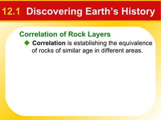 Correlation of Rock Layers
12.1 Discovering Earth’s History
 Correlation is establishing the equivalence
of rocks of similar age in different areas.
 