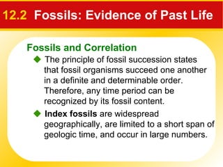 Fossils and Correlation
12.2 Fossils: Evidence of Past Life
 The principle of fossil succession states
that fossil organisms succeed one another
in a definite and determinable order.
Therefore, any time period can be
recognized by its fossil content.
 Index fossils are widespread
geographically, are limited to a short span of
geologic time, and occur in large numbers.
 