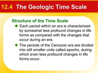 Structure of the Time Scale
12.4 The Geologic Time Scale
 Each period within an era is characterized
by somewhat less profound changes in life
forms as compared with the changes that
occur during an era.
 The periods of the Cenozoic era are divided
into still smaller units called epochs, during
which even less profound changes in life
forms occur.
 