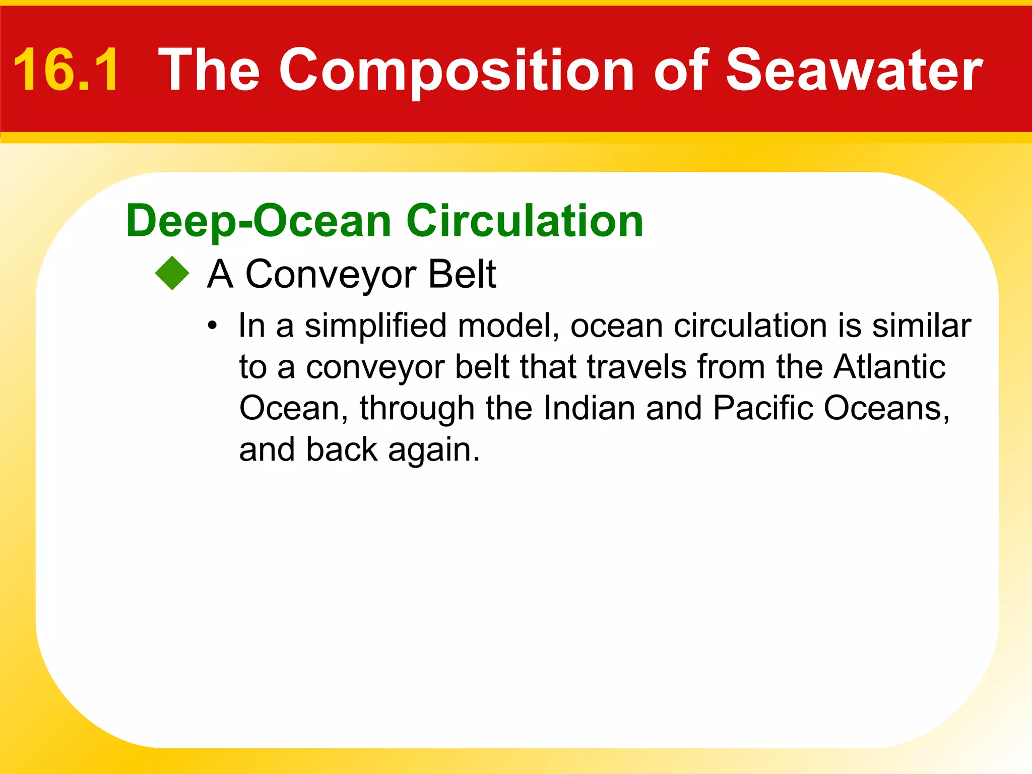 Deep-Ocean Circulation
 A Conveyor Belt
16.1 The Composition of Seawater
• In a simplified model, ocean circulation is similar
to a conveyor belt that travels from the Atlantic
Ocean, through the Indian and Pacific Oceans,
and back again.
 