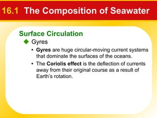 Surface Circulation
 Gyres
16.1 The Composition of Seawater
• Gyres are huge circular-moving current systems
that dominate the surfaces of the oceans.
• The Coriolis effect is the deflection of currents
away from their original course as a result of
Earth’s rotation.
 