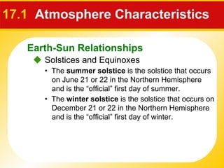 17.1  Atmosphere Characteristics     Solstices and Equinoxes •  The  summer solstice  is the solstice that occurs on June 21 or 22 in the Northern Hemisphere and is the “official” first day of summer. •  The  winter solstice  is the solstice that occurs on December 21 or 22 in the Northern Hemisphere and is the “official” first day of winter. Earth-Sun Relationships 