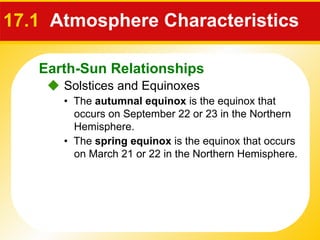 17.1  Atmosphere Characteristics     Solstices and Equinoxes •  The  autumnal equinox  is the equinox that occurs on September 22 or 23 in the Northern Hemisphere. •  The  spring equinox  is the equinox that occurs on March 21 or 22 in the Northern Hemisphere. Earth-Sun Relationships 