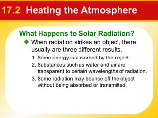 17.2   Heating the Atmosphere    When radiation strikes an object, there usually are three different results. 1. Some energy is absorbed by the object. 2. Substances such as water and air are transparent to certain wavelengths of radiation. 3. Some radiation may bounce off the object without being absorbed or transmitted. What Happens to Solar Radiation? 