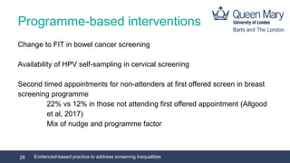 Programme-based interventions
Change to FIT in bowel cancer screening
Availability of HPV self-sampling in cervical screen...