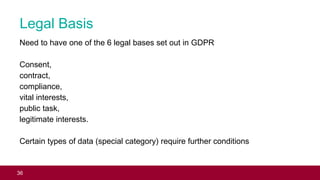 Legal Basis
Need to have one of the 6 legal bases set out in GDPR
Consent,
contract,
compliance,
vital interests,
public t...