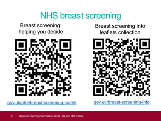 NHS breast screening
gov.uk/breast-screening-info
6 Digital screening information: short urls and QR codes
Breast screening:
helping you decide
Breast screening info
leaflets collection
gov.uk/phe/breast-screening-leaflet
 