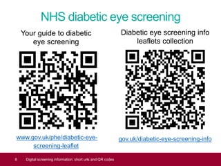 NHS diabetic eye screening
www.gov.uk/phe/diabetic-eye-
screening-leaflet
8 Digital screening information: short urls and QR codes
Your guide to diabetic
eye screening
Diabetic eye screening info
leaflets collection
gov.uk/diabetic-eye-screening-info
 