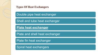 Types Of Heat Exchangers
Double pipe heat exchanger
Shell and tube heat exchanger
Plate heat exchanger
Plate and shell heat exchanger
Plate fin heat exchanger
Spiral heat exchangers
 