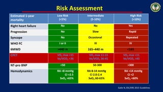 Risk Assessment
.
Galie N, ESC/ERS 2015 Guidelines
Estimated 1-year
mortality
Low Risk
(<5%)
Intermediate
(5-10%)
High Risk
(>10%)
Right heart failure No No Yes
Progression No Slow Rapid
Syncope No Occasional Repeated
WHO FC I or II III IV
6MWD >440 m 165–440 m <165
CPET VO2 max >15
Ve/VCO2 <36
VO2 max 11-15
Ve/VCO2 36-45
VO2 max <11
Ve/VCO2 >45
NT-pro BNP <50 50-300 >300
Hemodynamics RA <8 mmHg
CI >2.5
SvO2 >65%
RA 8-14 mmHg
CI 2.0-2.4
SvO2 60-65%
RA >14 mmHg
CI <2
SvO2 <60%
 