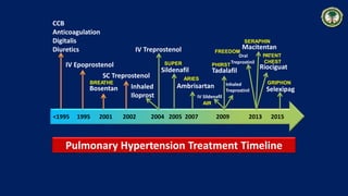 <1995 1995 2001 2002 2004 2005 2007 2009 2013 2015
CCB
Anticoagulation
Digitalis
Diuretics
IV Epoprostenol
Bosentan
SC Treprostenol
IV Treprostenol
Inhaled
Iloprost
Sildenafil
Ambrisartan
Tadalafil
Inhaled
Treprostinil
Macitentan
Riociguat
Pulmonary Hypertension Treatment Timeline
IV Sildenafil
Oral
Treprostinil
Selexipag
BREATHE
SUPER
ARIES
PHIRST
AIR
SERAPHIN
PATENT
CHEST
GRIPHON
FREEDOM
 