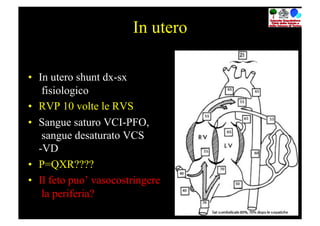 In utero

•  In utero shunt dx-sx
    fisiologico
•  RVP 10 volte le RVS
•  Sangue saturo VCI-PFO,
    sangue desaturato VCS
   -VD
•  P=QXR????
•  Il feto puo’ vasocostringere
    la periferia?
 