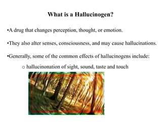 What is a Hallucinogen?
•A drug that changes perception, thought, or emotion.
•They also alter senses, consciousness, and ...