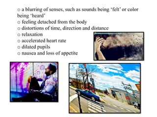 o a blurring of senses, such as sounds being ‘felt’ or color
being ‘heard’
o feeling detached from the body
o distortions ...