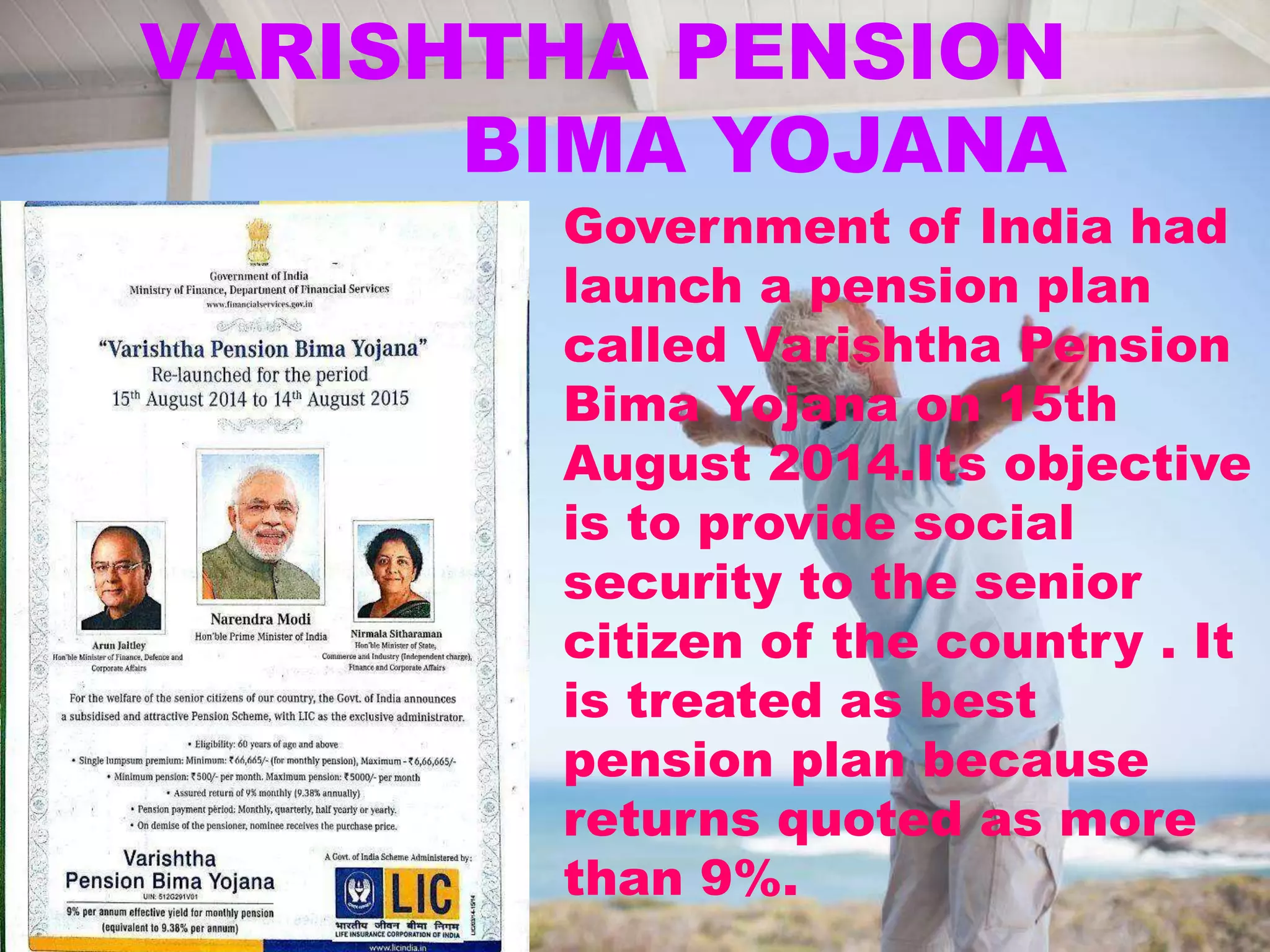 Government of India had
launch a pension plan
called Varishtha Pension
Bima Yojana on 15th
August 2014.Its objective
is to provide social
security to the senior
citizen of the country . It
is treated as best
pension plan because
returns quoted as more
than 9%.
VARISHTHA PENSION
BIMA YOJANA
 
