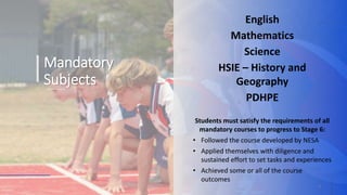 Mandatory
Subjects
4
English
Mathematics
Science
HSIE – History and
Geography
PDHPE
Students must satisfy the requirements of all
mandatory courses to progress to Stage 6:
• Followed the course developed by NESA
• Applied themselves with diligence and
sustained effort to set tasks and experiences
• Achieved some or all of the course
outcomes
 