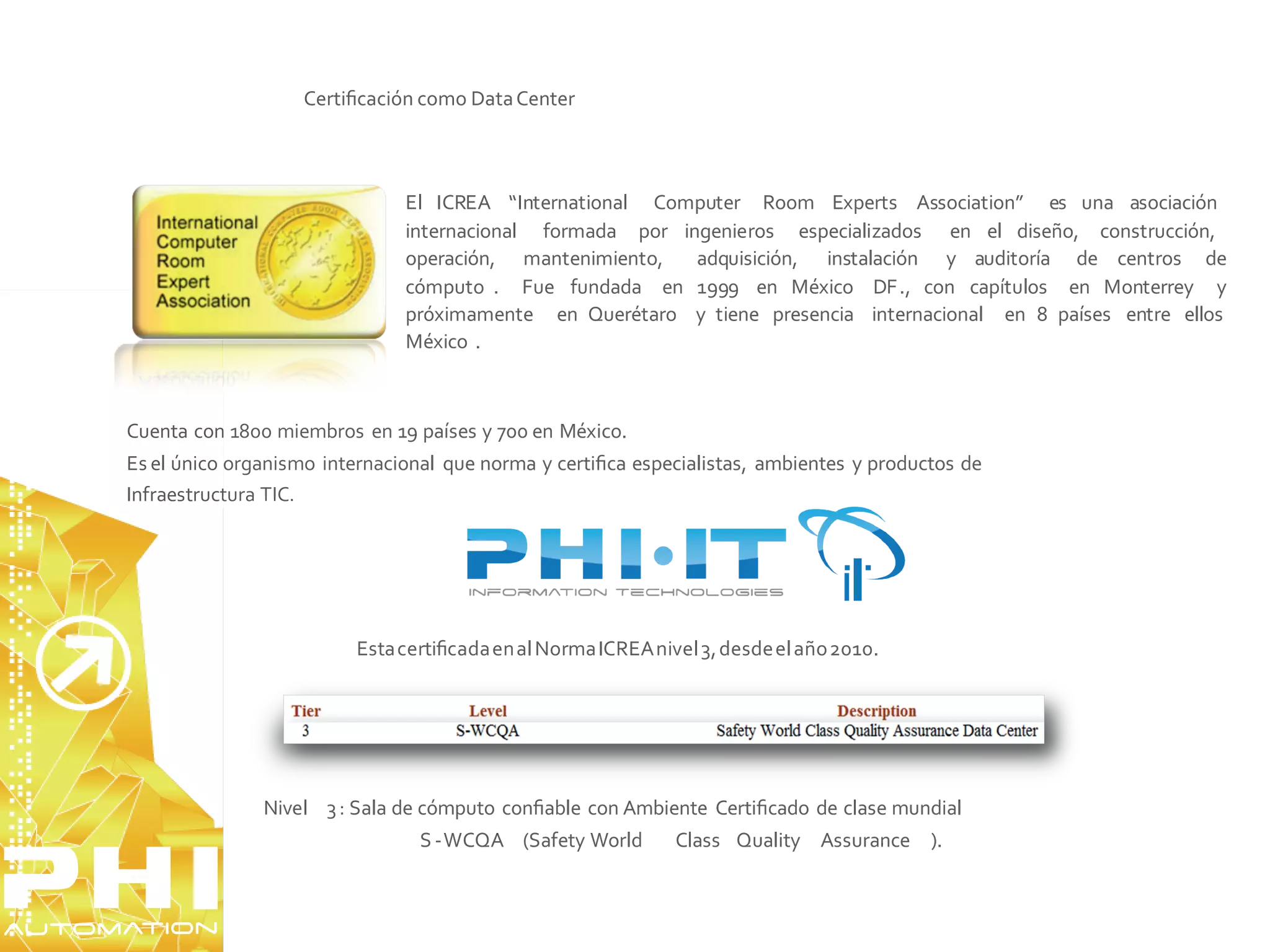 Certiﬁcación como Data Center



                               El ICREA “International Computer Room Experts Association” es una asociación
                               internacional formada por ingenieros especializados en el diseño, construcción,
                               operación, mantenimiento,   adquisición, instalación y auditoría de centros de
                               cómputo . Fue fundada en 1999 en México DF., con capítulos en Monterrey y
                               próximamente en Querétaro y tiene presencia internacional en 8 países entre ellos
                               México .



Cuenta con 1800 miembros en 19 países y 700 en México.
Es el único organismo internacional que norma y certiﬁca especialistas, ambientes y productos de
Infraestructura TIC.




                         Esta certiﬁcada en al Norma ICREA nivel 3, desde el año 2010.




               Nivel 3 : Sala de cómputo conﬁable con Ambiente Certiﬁcado de clase mundial
                                S -WCQA (Safety World         Class Quality Assurance ).
 