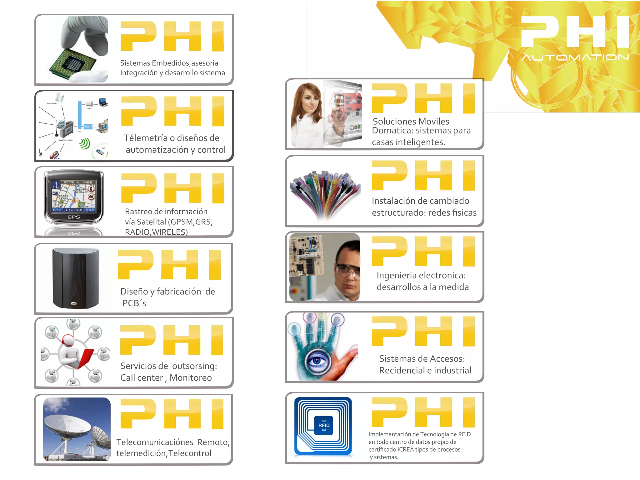 Sistemas Embedidos,asesoria
Integración y desarrollo sistema




                                    Soluciones Moviles
                                    Domatica: sistemas para
 Télemetría o diseños de            casas inteligentes.
 automatización y control




                                    Instalación de cambiado
 Rastreo de información             estructurado: redes ﬁsicas
 vía Satelital (GPSM,GRS,
 RADIO,WIRELES)




                                     Ingenieria electronica:
Diseño y fabricación de              desarrollos a la medida
PCB´s




                                      Sistemas de Accesos:
Servicios de outsorsing:              Recidencial e industrial
Call center , Monitoreo




                                   Implementación de Tecnologia de RFID
Telecomunicaciónes Remoto,         en todo centro de datos propio de
                                   certiﬁcado ICREA tipos de procesos
telemedición,Telecontrol            y sistemas.
 