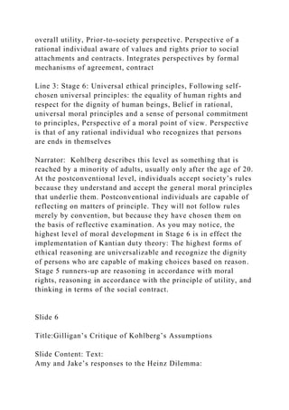 overall utility, Prior-to-society perspective. Perspective of a
rational individual aware of values and rights prior to social
attachments and contracts. Integrates perspectives by formal
mechanisms of agreement, contract
Line 3: Stage 6: Universal ethical principles, Following self-
chosen universal principles: the equality of human rights and
respect for the dignity of human beings, Belief in rational,
universal moral principles and a sense of personal commitment
to principles, Perspective of a moral point of view. Perspective
is that of any rational individual who recognizes that persons
are ends in themselves
Narrator: Kohlberg describes this level as something that is
reached by a minority of adults, usually only after the age of 20.
At the postconventional level, individuals accept society’s rules
because they understand and accept the general moral principles
that underlie them. Postconventional individuals are capable of
reflecting on matters of principle. They will not follow rules
merely by convention, but because they have chosen them on
the basis of reflective examination. As you may notice, the
highest level of moral development in Stage 6 is in effect the
implementation of Kantian duty theory: The highest forms of
ethical reasoning are universalizable and recognize the dignity
of persons who are capable of making choices based on reason.
Stage 5 runners-up are reasoning in accordance with moral
rights, reasoning in accordance with the principle of utility, and
thinking in terms of the social contract.
Slide 6
Title:Gilligan’s Critique of Kohlberg’s Assumptions
Slide Content: Text:
Amy and Jake’s responses to the Heinz Dilemma:
 