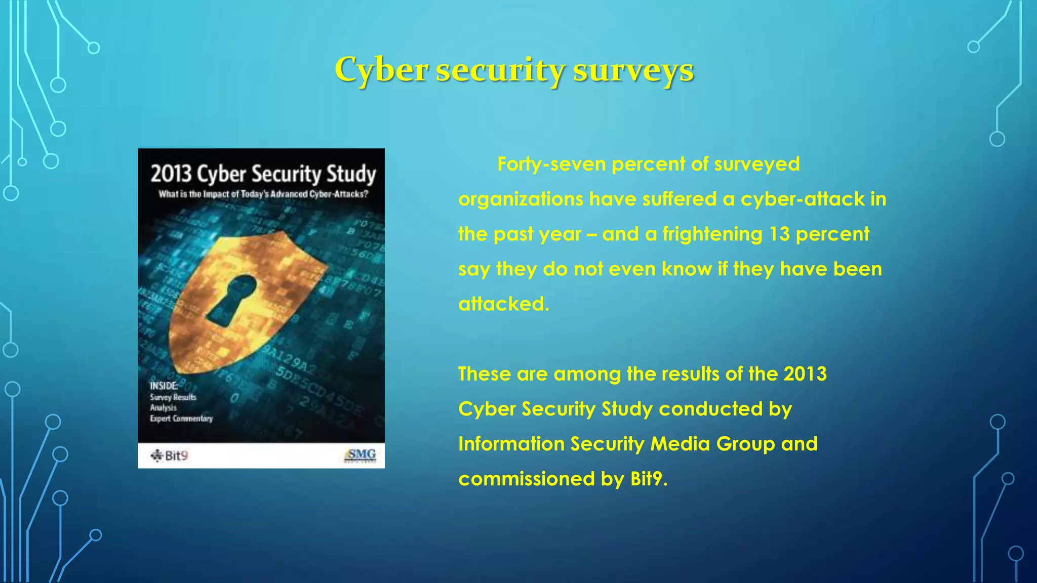 Cyber security surveys
Forty-seven percent of surveyed
organizations have suffered a cyber-attack in
the past year – and a frightening 13 percent
say they do not even know if they have been
attacked.
These are among the results of the 2013
Cyber Security Study conducted by
Information Security Media Group and
commissioned by Bit9.
 