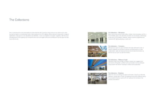 Let us not presume to be prescriptive for that would be dull, merely to show some of our tools to you; here
we seek to flavour an introduction with a few products from Phi Lighting. We’ve dared to show them in typical
application areas but it is not intended to be definitive– more an invitation to imagine. Together, with the core
competencies of Phi Lighting, the lit environment can be brought to life, the architecture can be seen and the
scene will be set.
The Collections
The Collections – Workplace
More commonly known as the office, modern work practices call for a
more flexible space, the demands of which are not always understood
at the time of conception. However, these must be recognised and
resolved with lighting playing a major part.
The Collections – Transitory
Moving from space to space whether through dedicated route or
notional, lighting can provide functional, complementary or even
a distraction. Light can lead and direct and provide illumination by
indirect source such as wall illumination.
The Collections – Ribbons of Light
Unbroken clean lines of light to shape a space can suggest form
and volume. Elongation, partition and punctuation can be achieved
using simple extrusions; recessed, surface and suspended.
The Collections – Breakout
When it’s time to change the pace or the task, move to an informal
setting or simply take a break, the lighting should tell a different story.
A successful breakout space will not replicate the workplace but
instead contradict it.
 