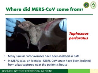 14RESEARCH INSTITUTE FOR TROPICAL MEDICINE
Where did MERS-CoV come from?
• Many similar coronaviruses have been isolated in bats
• In MERS case, an identical MERS-CoV strain have been isolated
from a bat captured near the patient’s house
Taphozous
perforatus
 