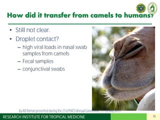 15RESEARCH INSTITUTE FOR TROPICAL MEDICINE
How did it transfer from camels to humans?
• Still not clear.
• Droplet contact?
– high viral loads in nasal swab
samples from camels
– Fecal samples
– conjunctival swabs
by AD Roman presented duringthe 21st PHICS AnnualConvention, 27-28May 2015
 