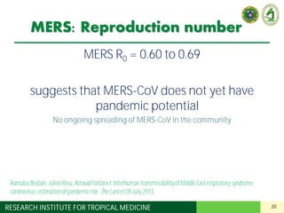 20RESEARCH INSTITUTE FOR TROPICAL MEDICINE
MERS: Reproduction number
MERS R0 = 0.60 to 0.69
suggests that MERS-CoV does not yet have
pandemic potential
No ongoing spreading of MERS-CoV in the community
Romulus Breban, Julien Riou, Arnaud Fontanet: Interhuman transmissibility of Middle East respiratory syndrome
coronavirus:estimation of pandemicrisk. TheLancet, 05July 2013
 