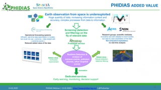 18
PHIDIAS ADDED VALUE
Earth observation from space is underexploited
Huge quantity of data, increasing information content and
accuracy, complex processes from data to information
Operational forecasting systems
Efficient, real-time data assimilation in models,
but could not use « extreme » data related with
« extreme events »
Reduced added value of the data
Research groups, scientific institutes
Innovative and well adapted to event studies
but case by case exploitation of the data
Not exhaustive exploitation,
no real-time analysis
Screening (detection
and filtering) on the
fly of relevant data
Prototype service
Realtime Detection &
analyse of
extreme events, pollutant
plumes, other targeted
events
Dedicated services
Early warning, monitoring, decision support
Added-value :
Robust detection,
objective filtering
Added-value :
Verification,
improvement
Innovation
13.02.2020 PHIDIAS Webinar | 13.02.2020 | https://www.phidias-hpc.eu/ | @PhidiasHpc
 
