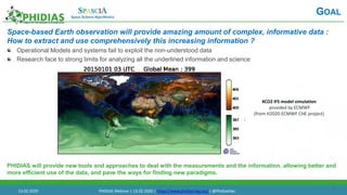 27
Space-based Earth observation will provide amazing amount of complex, informative data :
How to extract and use comprehensively this increasing information ?
Operational Models and systems fail to exploit the non-understood data
Research face to strong limits for analyzing all the underlined information and science
PHIDIAS will provide new tools and approaches to deal with the measurements and the information, allowing better and
more efficient use of the data, and pave the ways for finding new paradigms.
GOAL
XCO2 IFS model simulation
provided by ECMWF
(from H2020 ECMWF CHE project)
:
13.02.2020 PHIDIAS Webinar | 13.02.2020 | https://www.phidias-hpc.eu/ | @PhidiasHpc
 