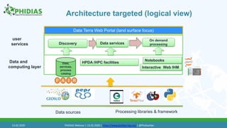 Architecture targeted (logical view)
user
services
HPDA /HPC facilities
Discovery Data services
On demand
processing
IA RF
Data Terra Web Portal (land surface focus)
Data and
computing layer
Data,
services,
process
catalog
Notebooks
Interactive Web IHM
Data sources Processing libraries & framework
13.02.2020 PHIDIAS Webinar | 13.02.2020 | https://www.phidias-hpc.eu/ | @PhidiasHpc
 