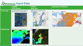 Input Data
4813.02.2020 PHIDIAS Webinar | 13.02.2020 |
CMEMS –
North Atlantic
CMEMS –
Baltic Sea
SeaDataNet & EMODnet
In situ data Atlantic Iberian Biscay Irish Ocean- In-
Situ Near Real Time Observations
Baltic Sea- In Situ Near Real Time
Observations
Satellite data North Atlantic Surface Chlorophyll
Concentration from Satellite observations
(monthly)
Baltic Sea, Ocean Colour Chlorophyll (daily
observation)
 