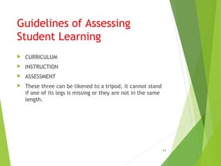 Guidelines of Assessing
Student Learning
 CURRICULUM
 INSTRUCTION
 ASSESSMENT
 These three can be likened to a tripod, it cannot stand
if one of its legs is missing or they are not in the same
length.
11
 