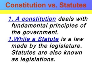 1. A constitution deals with
fundamental principles of
the government.
1.While a Statute is a law
made by the legislature.
Statutes are also known
as legislations.
Constitution vs. Statutes
 