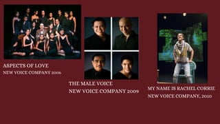 ASPECTS OF LOVE
NEW VOICE COMPANY 2006
THE MALE VOICE
NEW VOICE COMPANY 2009
MY NAME IS RACHEL CORRIE
NEW VOICE COMPANY, 2010
 
