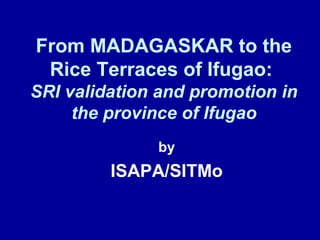 From MADAGASKAR to the
 Rice Terraces of Ifugao:
SRI validation and promotion in
     the province of Ifugao
              by
         ISAPA/SITMo
 