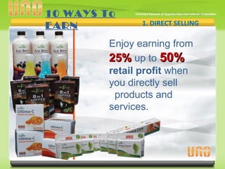 1. DIRECT SELLING
Enjoy earning from
25%25% up to 50%50%
retail profit when
you directly sell
products and
services.
10 WAYS To
EARN
 