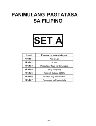 134
PANIMULANG PAGTATASA
SA FILIPINO
SET A
Level Pamagat ng mga seleksyon:
Grade 1 Ang Daga
Grade 2 Si Mila
Grade 3 Magpalipad Tayo ng Saranggola
Grade 4 Isang Pangarap
Grade 5 Tagtuyot Dala ng El Niño
Grade 6 Buhayin ang Kabundukan
Grade 7 Pagpapala sa Pangingisda
 