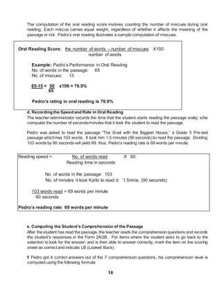 18
The computation of the oral reading score involves counting the number of miscues during oral
reading. Each miscue carries equal weight, regardless of whether it affects the meaning of the
passage or not. Pedro’s oral reading illustrates a sample computation of miscues.
Oral Reading Score: the number of words – number of miscues X100
number of words
Example: Pedro’s Performance in Oral Reading
No. of words in the passage: 65
No. of miscues: 15
65-15 = 50 x100 = 76.9%
65
Pedro’s rating in oral reading is 76.9%
d. Recording the Speed and Rate in Oral Reading
The teacher-administrator records the time that the student starts reading the passage orally; s/he
computes the number of seconds/minutes that it took the student to read the passage.
Pedro was asked to read the passage “The Snail with the Biggest House,” a Grade 5 Pre-test
passage which has 103 words. It took him 1.5 minutes (90 seconds) to read the passage. Dividing
103 words by 90 seconds will yield 69; thus, Pedro's reading rate is 69 words per minute.
Reading speed = No. of words read X 60
Reading time in seconds
No. of words in the passage: 103
No. of minutes it took Karlo to read it: 1.5mins. (90 seconds)
103 words read = 69 words per minute
90 seconds
Pedro’s reading rate: 69 words per minute
e. Computing the Student’s Comprehension of the Passage
After the student has read the passage, the teacher reads the comprehension questions and records
the student’s responses in the Form 2A/2B. For items where the student asks to go back to the
selection to look for the answer, and is then able to answer correctly, mark the item on the scoring
sheet as correct and indicate LB (Looked Back).
If Pedro got 4 correct answers out of the 7 comprehension questions, his comprehension level is
computed using the following formula:
 