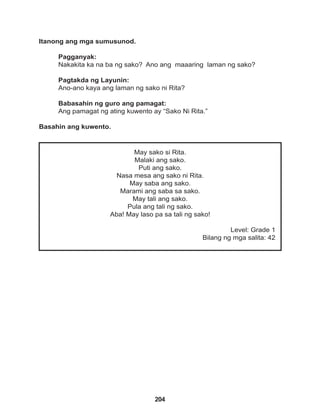 204
May sako si Rita.
Malaki ang sako.
Puti ang sako.
Nasa mesa ang sako ni Rita.
May saba ang sako.
Marami ang saba sa sako.
May tali ang sako.
Pula ang tali ng sako.
Aba! May laso pa sa tali ng sako!
Level: Grade 1
Bilang ng mga salita: 42
Itanong ang mga sumusunod.
Pagganyak:
Nakakita ka na ba ng sako? Ano ang maaaring laman ng sako?
Pagtakda ng Layunin:
Ano-ano kaya ang laman ng sako ni Rita?
Babasahin ng guro ang pamagat:
Ang pamagat ng ating kuwento ay “Sako Ni Rita.”
Basahin ang kuwento.
 